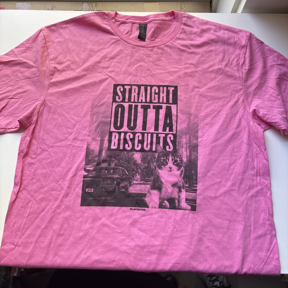 Cat Funny Graphic Pink T-shirt Short Sleeve Tee Size L" Straight Outta Biscuits"